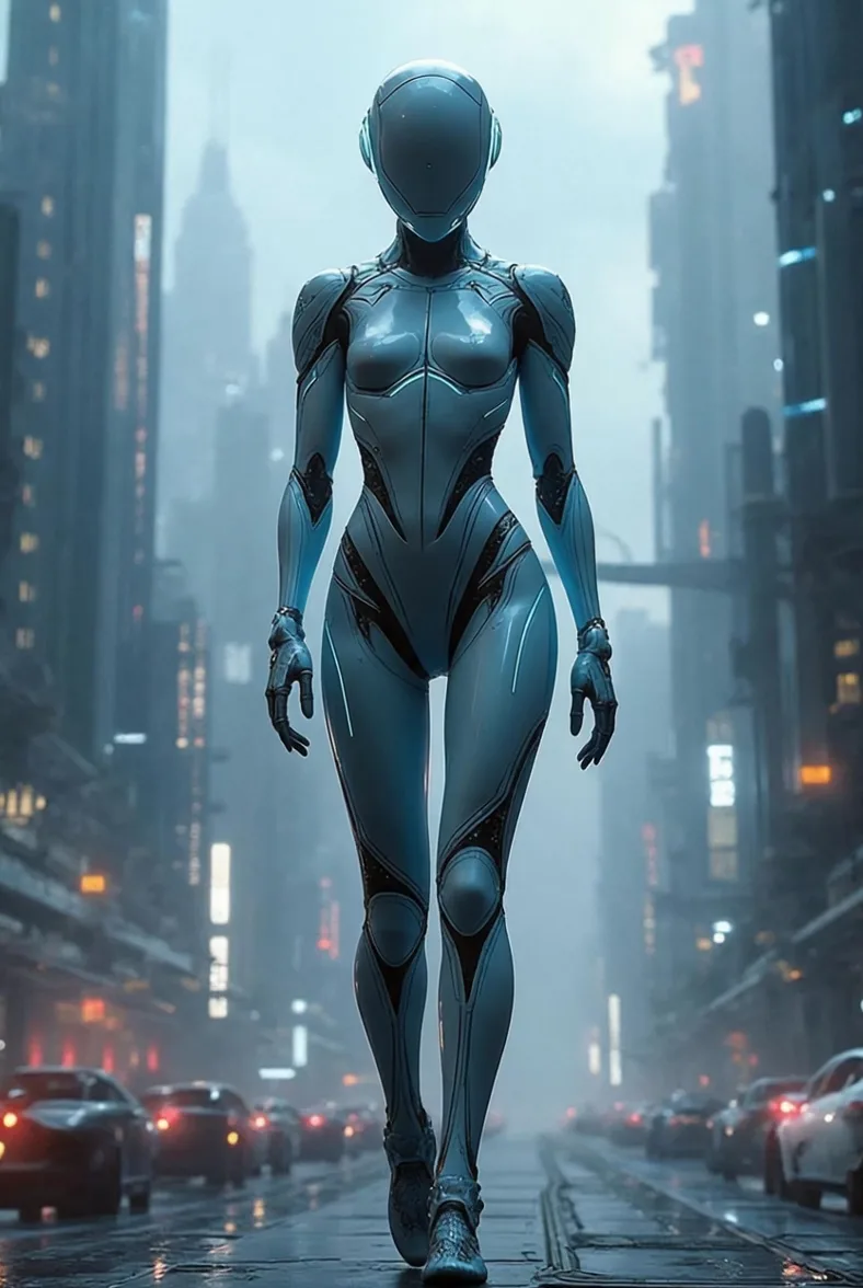 Android walking down a neon street of the future city